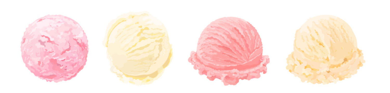 Set of cartoon vanilla and strawberry ice cream scoop. Tasty summer dessert illustration isolated on white background. Perfect for menu, packaging and dessert design.