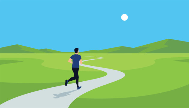 Determined man runs along a long winding path through a vast green field towards distant mountains under a clear bright sky.