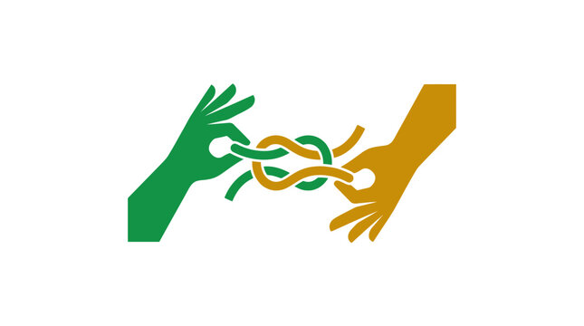 Interlocking hands tying knot, concept of connection, unity, teamwork, problem solving