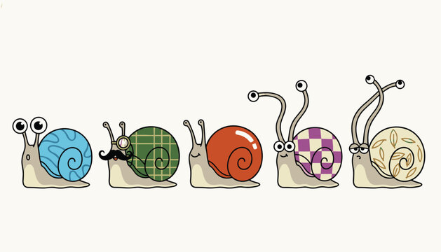 Row of five quirky cartoon snails with uniquely patterned shells and funny facial expressions crawl along a light background.