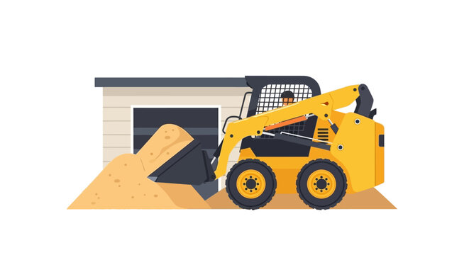 Yellow Skid Steer Loader Moving Sand at Construction Site Vector Illustration - Compact Track Loader Heavy Machinery for Landscaping and Building Work
