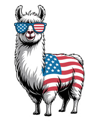 Naklejka premium A llama stands wearing sunglasses with the American flag pattern.