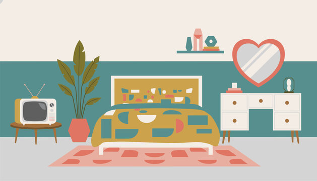 Brightly decorated bedroom features a colorful patterned bedspread, a vintage television set, and a heart shaped vanity mirror.