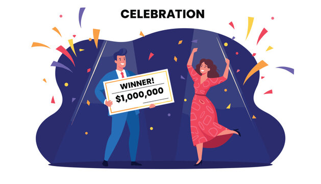 Happy man and woman celebrate a major lottery win while holding a giant check for one million dollars under bright spotlights.