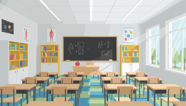 Classic school classroom interior with student desks, chairs, chalkboard with math problems, and bookshelves in a bright setting.