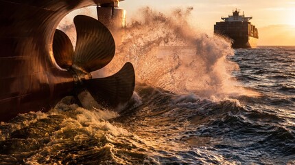 Ship propeller in water with large vessel behind © Muneeb