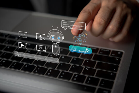 Businessman hand touching virtual artificial intelligence screen on computer keyboard modern digital workflow automation software development multimodal communication process