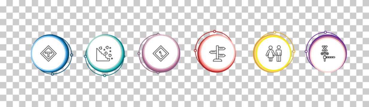 outline maps and flags icons set - t road intersection, rock landslide safety, left intersection, rail crossing. editable vector for web and mobile ui