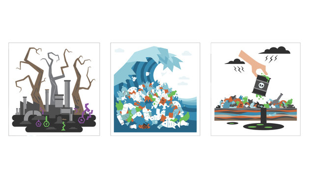 Three panels illustrate environmental damage including toxic industrial waste and a massive wave of plastic trash in the ocean.