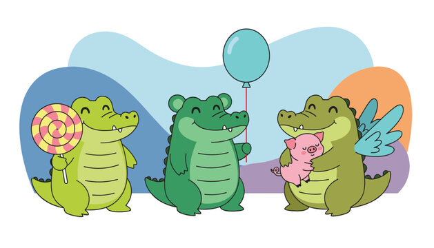 Three cute cartoon crocodiles are celebrating together with a large lollipop and a balloon while holding a winged pink pig.