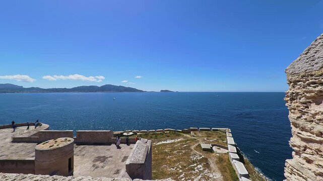 Scenic overlook of the Mediterranean Sea from the top of Chateau d'If fortress in Marseille, France