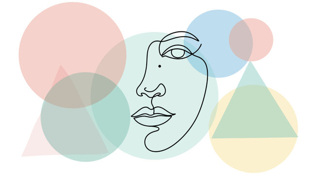 Abstract Line Art Face Portrait with Geometric Shapes and Pastel Colors