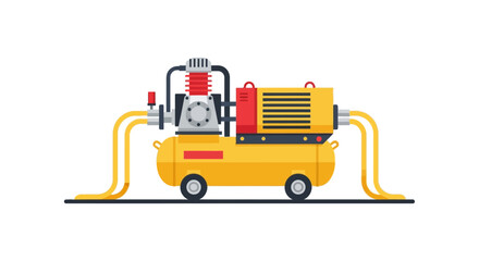 Naklejka premium Industrial Air Compressor Machine Illustration, Portable Pneumatic Pressure Tank with Hoses, Flat Vector Design for Construction and Garage Equipment