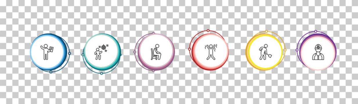 outline humans icons set - worker with notepad, man dancing, sitting down, construction worker. editable vector for web and mobile ui