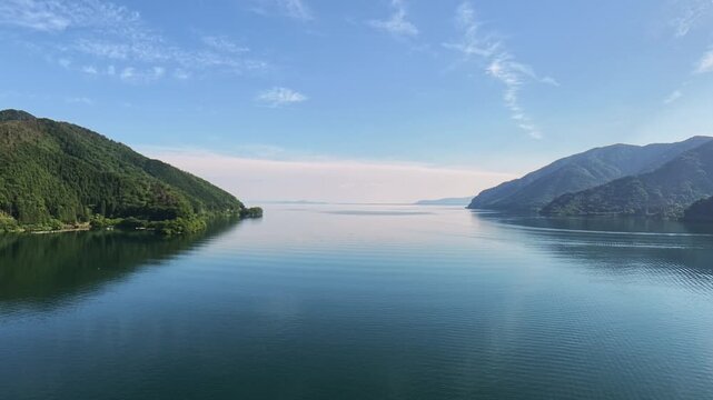 Lake Biwa Landscape with Mountain Shoreline from Above / 琵琶湖と山岳湖岸を上空から望む風景