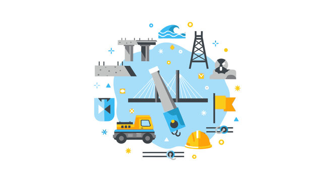 Civil Engineering and Infrastructure Construction Concept Vector Illustration with Bridge, Crane, Truck, and Industrial Equipment Icons