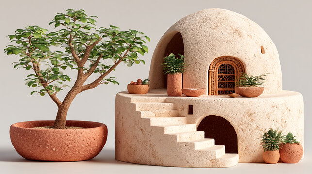 Miniature domed stone house model with a bonsai tree in a terracotta clay pot