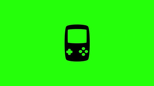 Dynamic 4K resolution asset showing a vintage old school vertical pocket handheld game console silhouette bouncing. Playful popup nostagia icon.