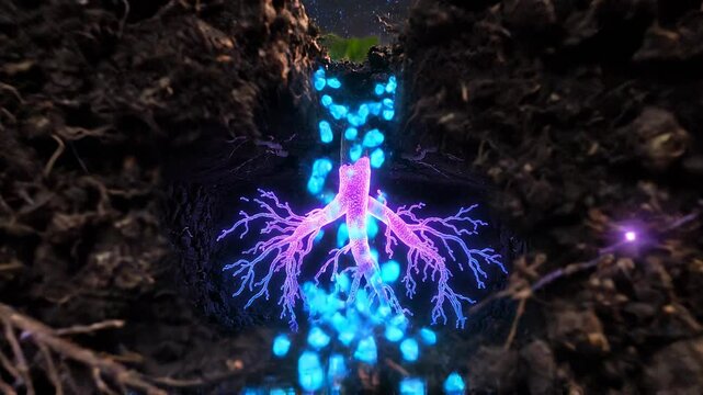Plant root system absorbing nitrogen and fertilizer nutrients in dark soil underground animation