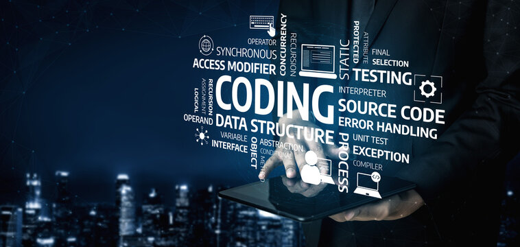 A contemporary businessman interacts with a tablet featuring coding terms against a stunning city skyline at night, symbolizing the intersection of technology and innovation. Tessel