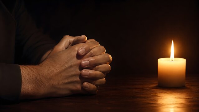 Hands clasped in prayer beside a lit candle, symbolizing hope and solemn reflection in the darkness