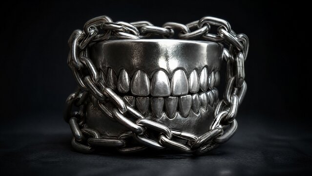 Metal dental model wrapped in heavy chains, symbolic representation of constrained movement on dark background.