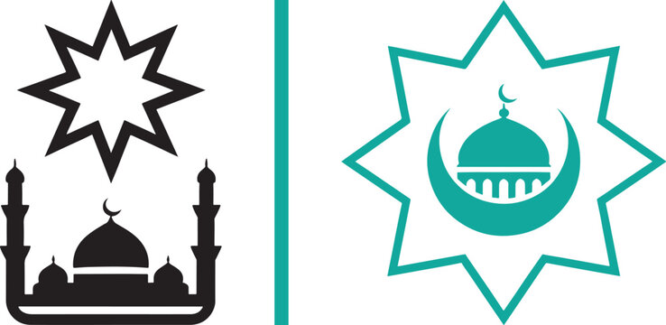Mosque silhouette and crescent moon icons with eight-pointed star vector graphics for Islamic religious holidays and cultural design