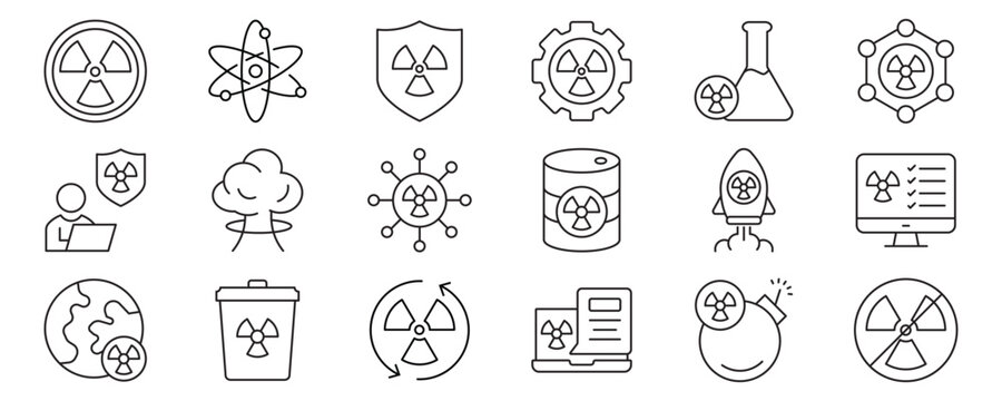 Nuclear line editable icon set. Contain icons related to Nuclear, atom, radioactive, radiation, nuclear plant, bomb, and more. Vector illustration