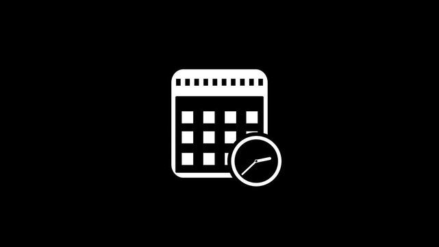 Calendar icon with moving clock animation on transparent background. Calendar and clock icon animation 4K video. Monthly and Day calendar icon