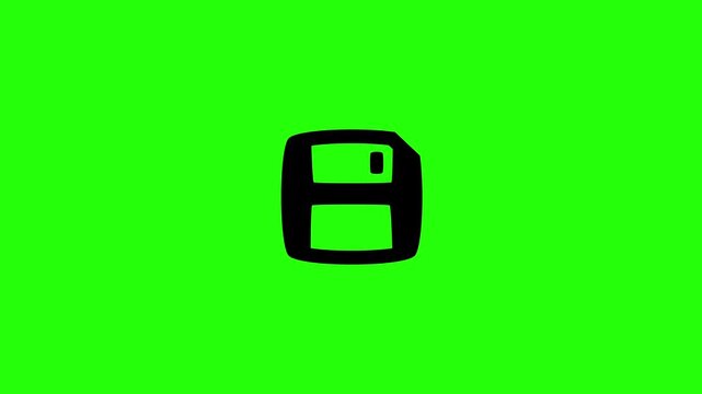 4K resolution video of a traditional retro floppy disk save file storage document silhouette bouncing into view. Perfect universal database application icon.