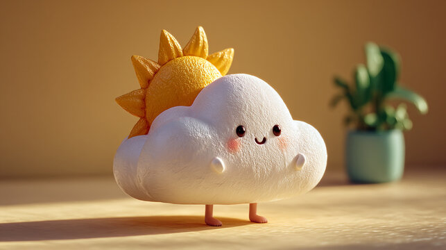 Cute smiling cloud character with sun behind it on soft background, character