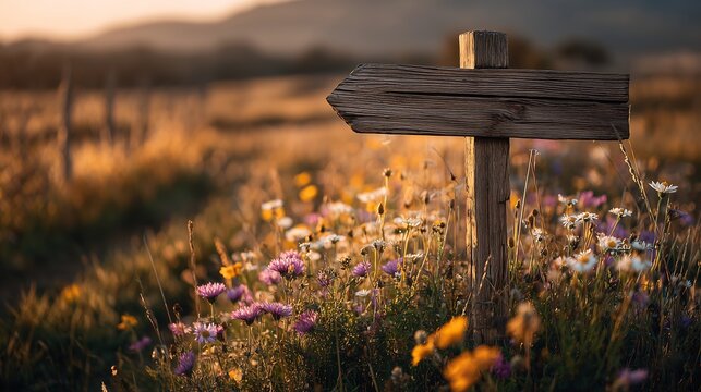 Wooden signpost in countryside field with wildflowers and warm golden hour sunlight, peaceful rural atmosphere and realistic nature scene