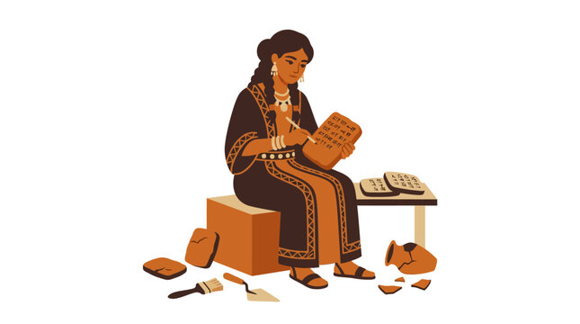 Archaeologist Woman Writing on Clay Tablet, Ancient Discovery