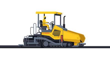 Fototapeta premium Yellow Asphalt Paver Machine with Operator Vector Illustration for Road Construction and Infrastructure Development