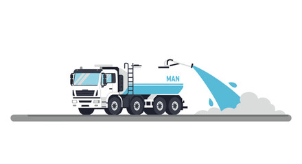 Obraz premium Industrial Water Truck Vector Illustration - MAN Street Flusher and Dust Suppression Tanker Vehicle Spraying Water on Road