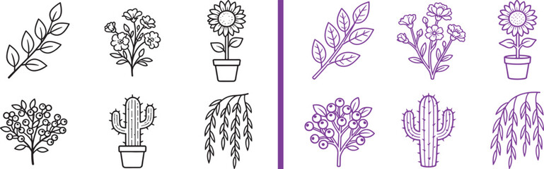 Minimalist botanical line art icons featuring sunflower cactus leaves and flowers for nature branding and decorative design vector set © reza