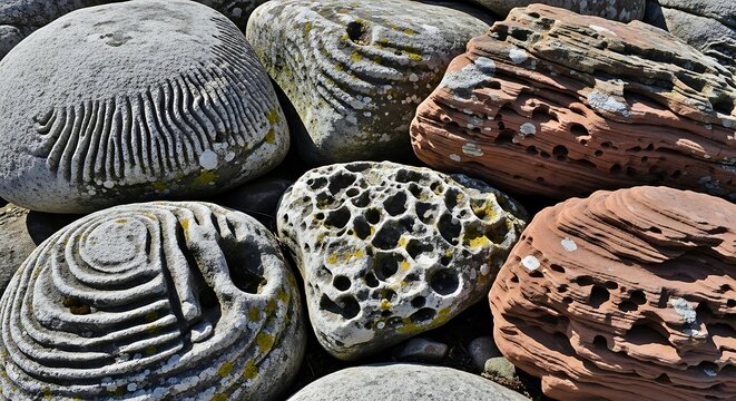 Unique fossilized stones on display.