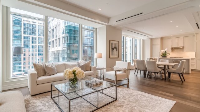 Luxury living room overlooks city skyline through floor-to-ceiling windows