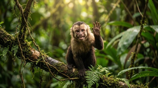 Funny Monkey Saying Hi in Tropical Jungle