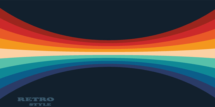 Abstract colorful 70s background vector. Vintage retro style wallpaper with lines, rainbow wavy stripes. 1970 color illustration design suitable for poster, banner, decorative, wall art.