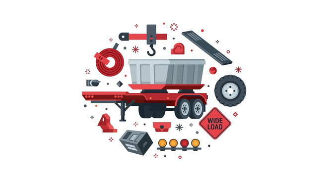 Industrial Logistics and Heavy Hauling Equipment Illustration with Semi Trailer, Wide Load Sign, Hook, and Cargo Transport Tools on White Background