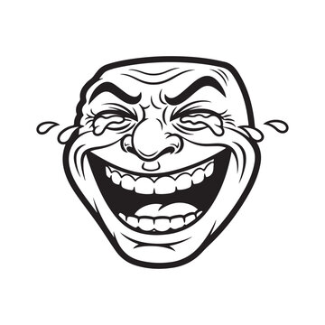 Laughing face caricature with wide open mouth and tears of joy black and white line art vector illustration for internet meme and humor