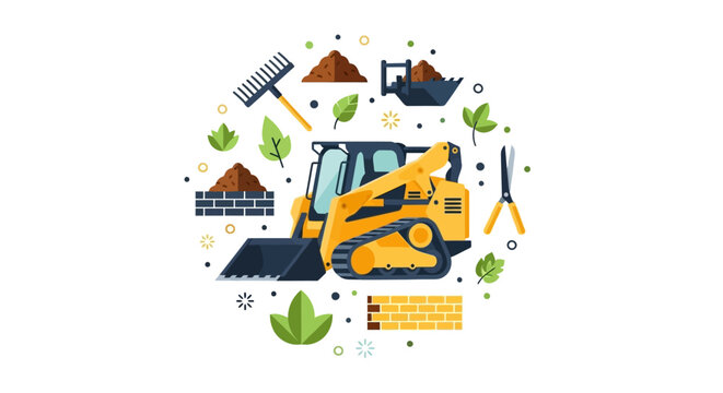 Vector illustration of yellow skid steer loader for landscaping and garden construction services, isolated on white background with equipment icons.