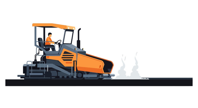 Flat Illustration of an Asphalt Paver Machine and Driver Working on a Road Construction Site Isolated on White Background
