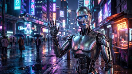 Naklejka premium Futuristic Humanoid Robot Saying Hi in Cyberpunk City