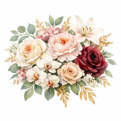 Fototapeta premium Watercolor Rose Orchid and White Lily Floral Bouquet Elegant Botanical Design