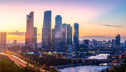 Naklejka premium A cityscape at sunset featuring a river, bridge, and modern skyscrapers