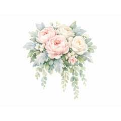 Fototapeta premium Watercolor Soft Pink Rose Bouquet with Eucalyptus Leaves Botanical Illustration