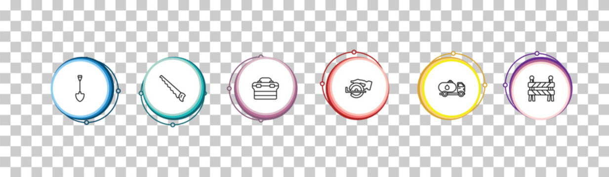 outline construction icons set - spade, handsaw, tool box, barrier. editable vector for web and mobile ui