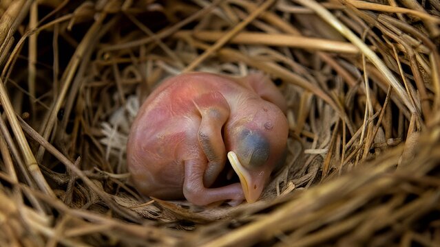 A featherless newborn hatchling curled in an empty nest, soft natural light.